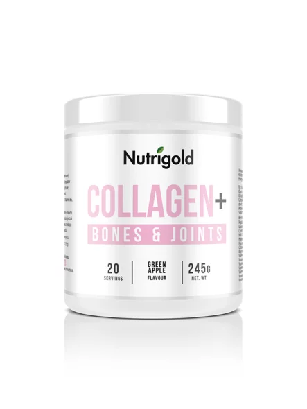 Nutrigold collagen+ for bones and joints in a 245g packaging. (apple flavoured)