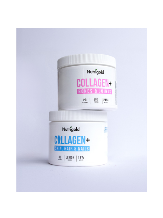 Nutrigold collagen+ for bones and joints in a 245g packaging. (apple flavoured)