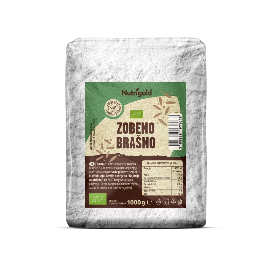 Nutrigold organic oat flour in a packaging of 1000g