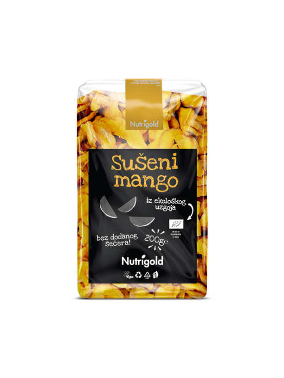 Nutrigold organic dried mango in a transparent packaging of 200g