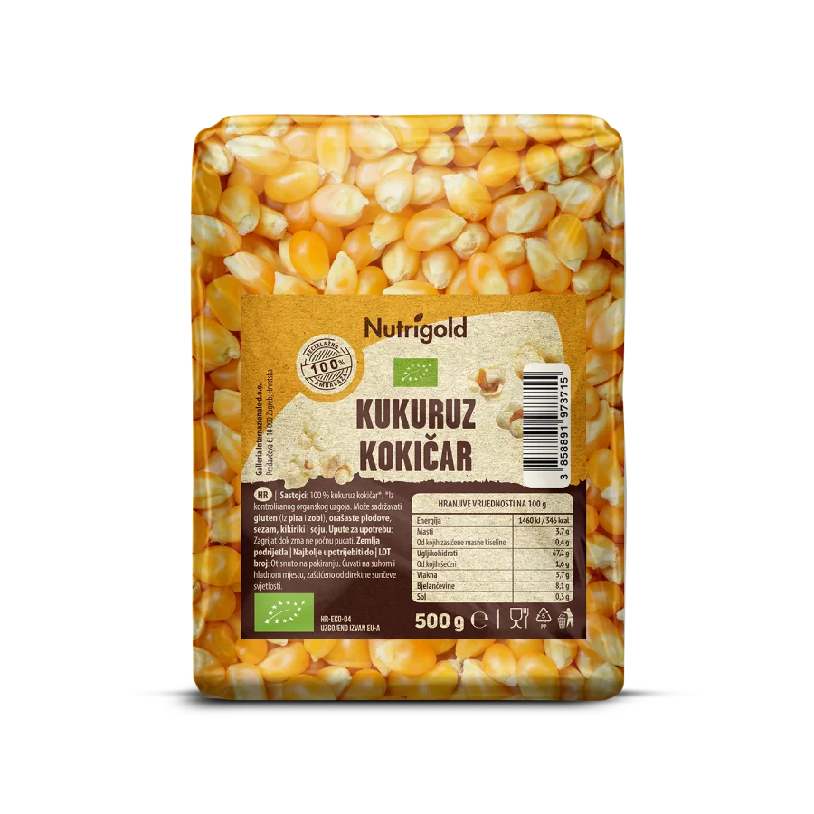 Nutrigold organic popcorn in a transparent packaging of 500g