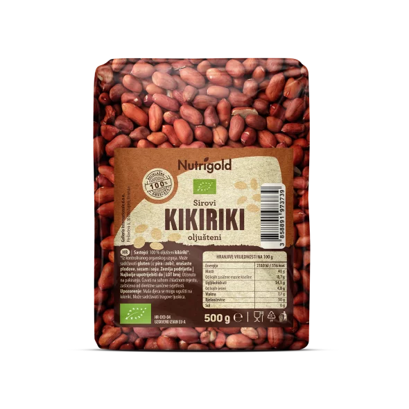 Nutrigold organic shelled raw peanuts in a transparent packaging of 500g