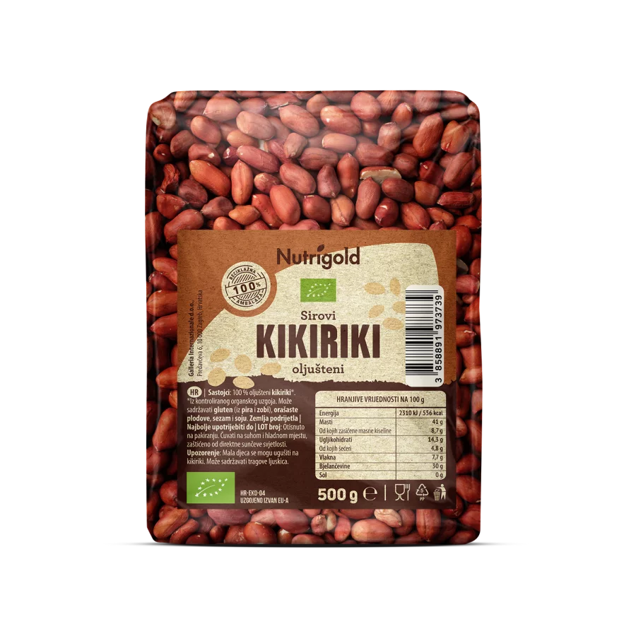 Nutrigold organic shelled raw peanuts in a transparent packaging of 500g