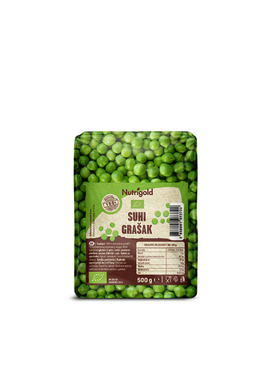 Nutrigold organic dried peas in a transparent packaging of 500g