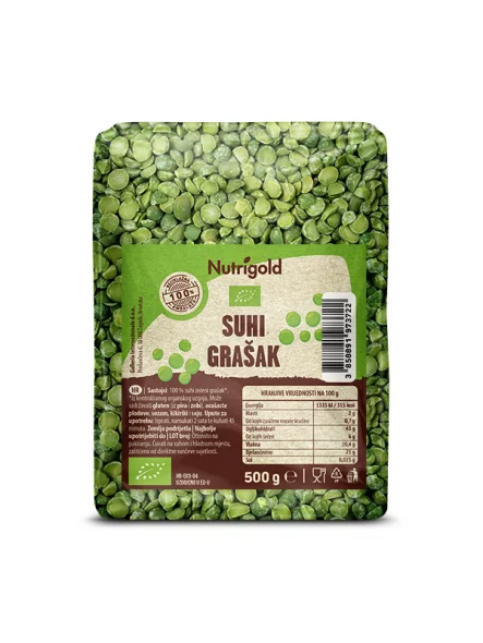 Nutrigold organic dried peas in a transparent packaging of 500g