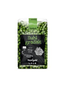 Nutrigold organic dried peas in a transparent packaging of 500g
