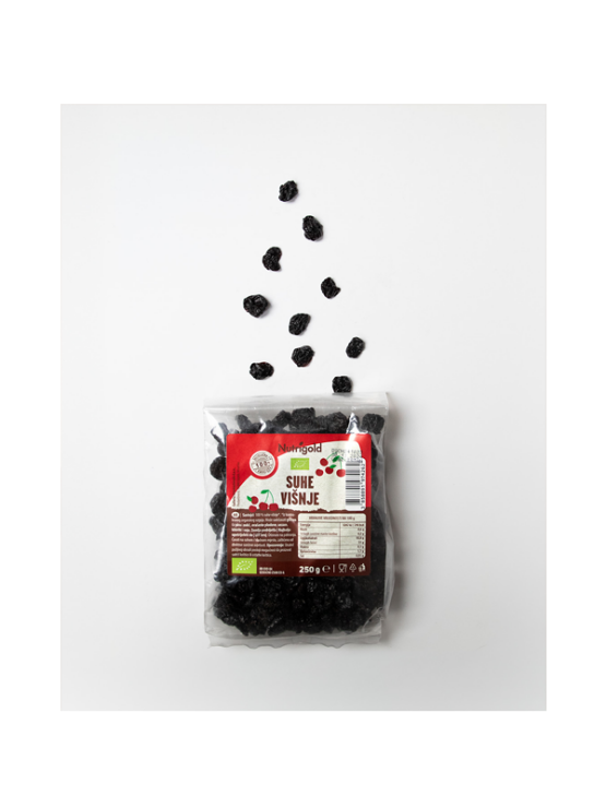 Nutrigold organic dried sour cherries in a transparent packaging of 250g