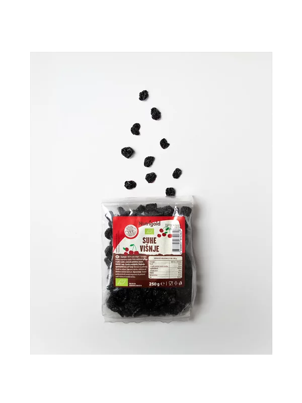 Nutrigold organic dried sour cherries in a transparent packaging of 250g