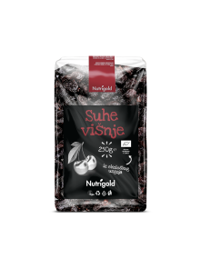 Nutrigold organic dried sour cherries in a transparent packaging of 250g
