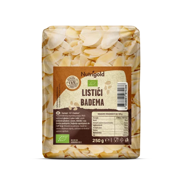 Nutrigold organic almond flakes in a transparent packaging of 250g