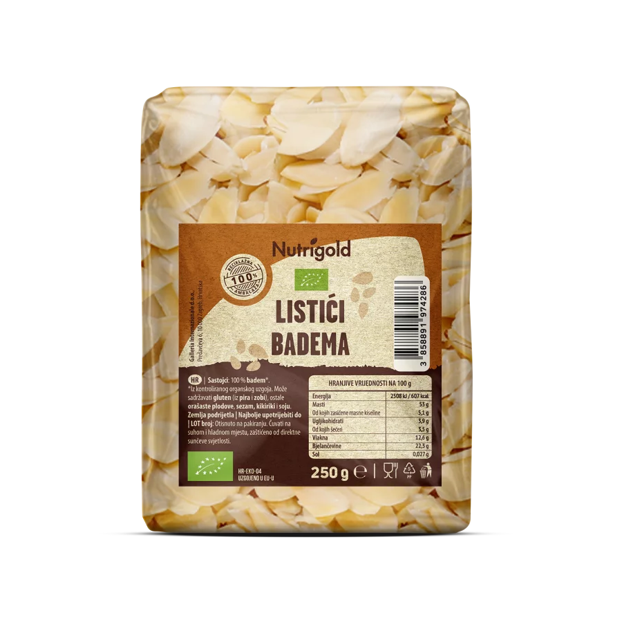 Nutrigold organic almond flakes in a transparent packaging of 250g