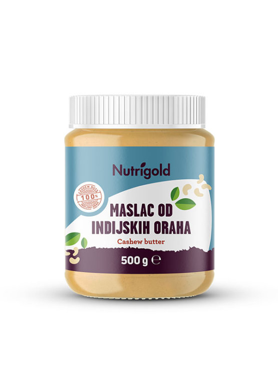 Nutrigold cashew butter in a plastic tub packaging of 500g