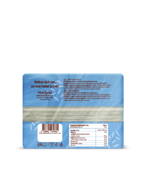 Nutrigold rice crispbread no added sugar in a blue packaging of 125g