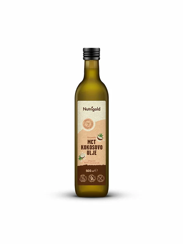 Nutrigold MCT coconut oil in a glass bottle of 500ml
