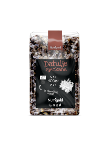 Nutrigold organic chopped dates in a transparent packaging of 500g