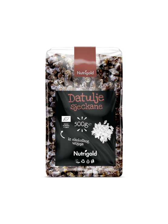 Nutrigold organic chopped dates in a transparent packaging of 500g