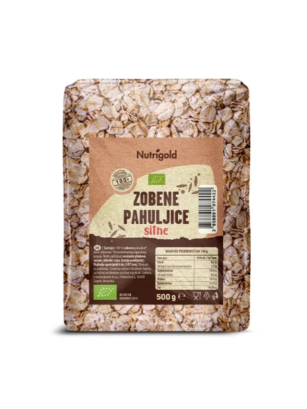 Nutrigold organic fine rolled oats in a transparent packaging of 500g
