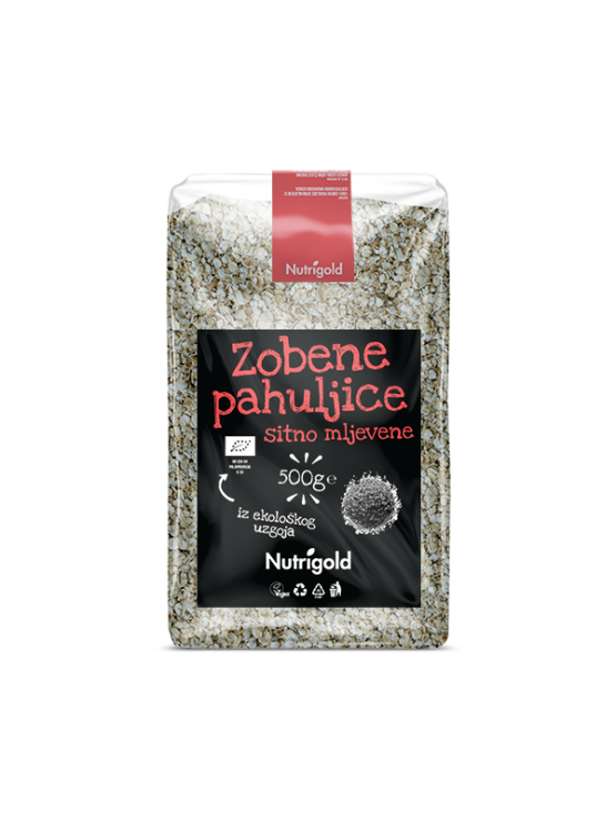 Nutrigold organic fine rolled oats in a transparent packaging of 500g