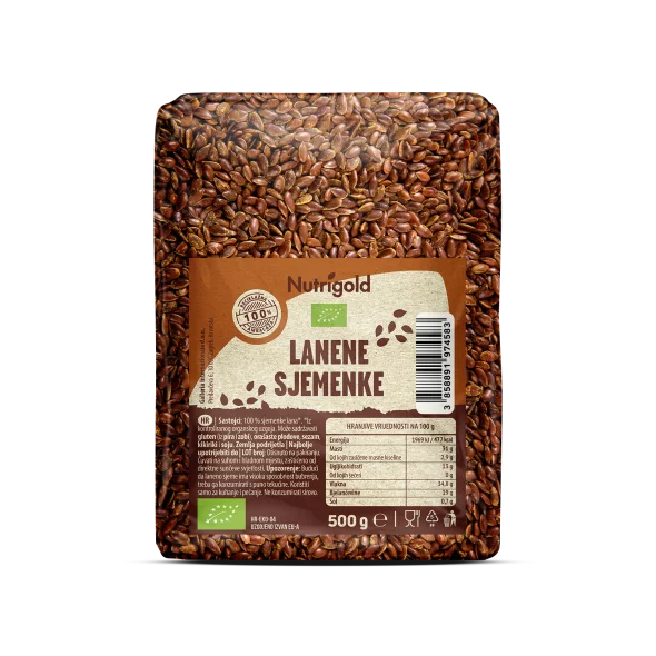 Nutrigold organic linseed in a transparent packaging of 500g