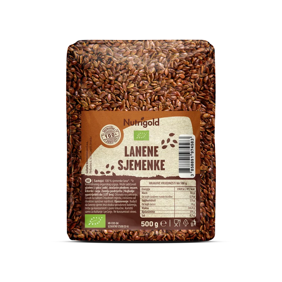 Nutrigold organic linseed in a transparent packaging of 500g