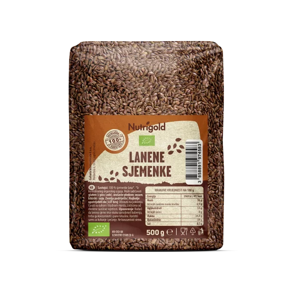 Nutrigold organic linseed in a transparent packaging of 500g