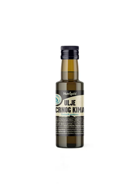 Nutrigold organic black cumin oil in a dark glass bottle of 100ml