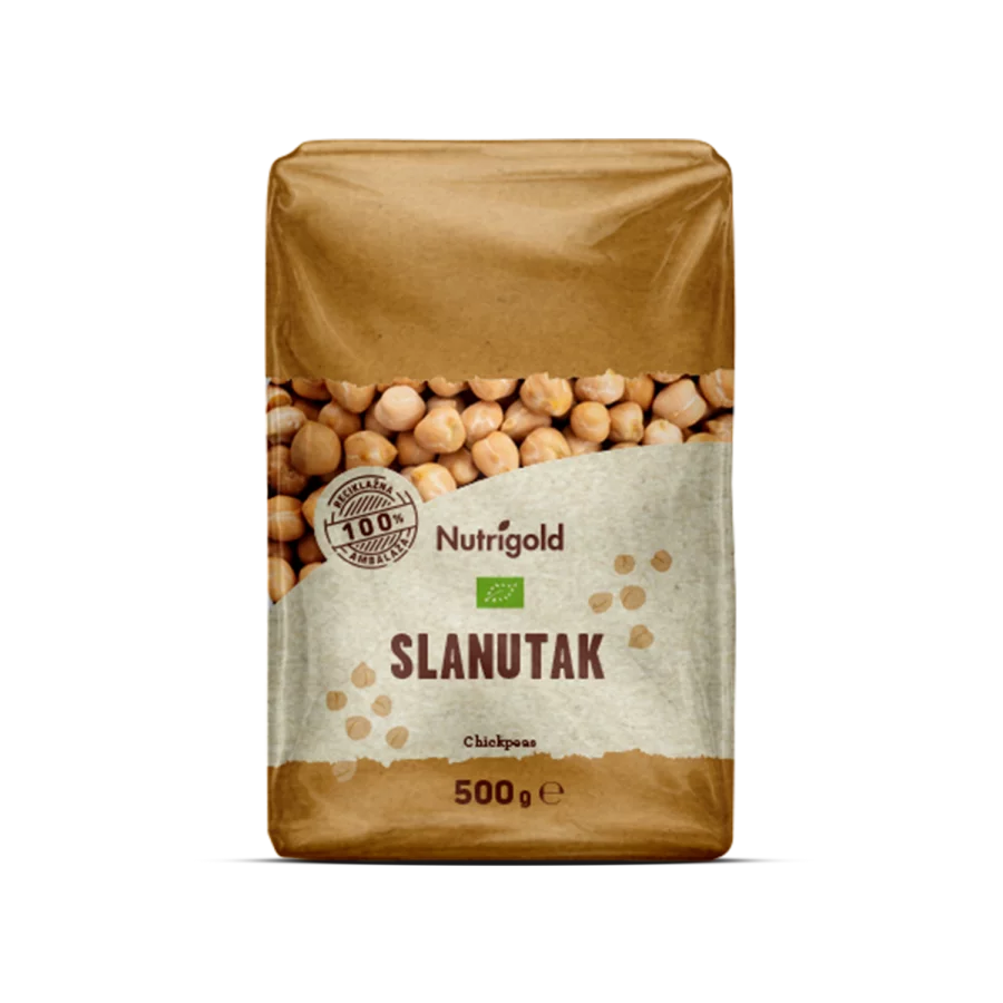 Nutrigold organic chickpeas in a transparent packaging of 500g