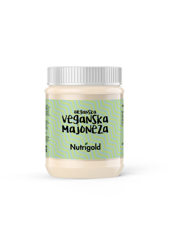 Nutrigold organic vegan mayonnaise in a transparent jar of 270g