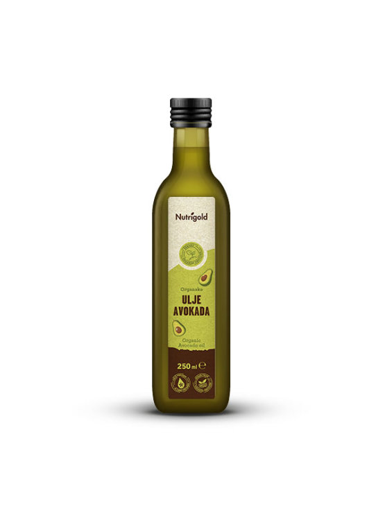 Nutrigold organic cold pressed avocado oil in a green glass bottle of 250