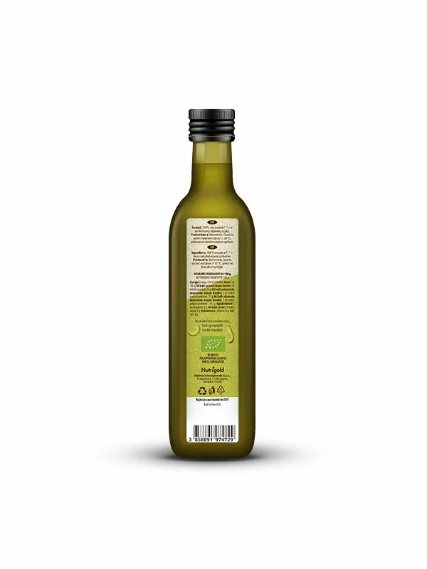Nutrigold organic cold pressed avocado oil in a green glass bottle of 250