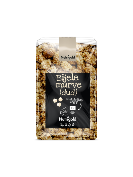 Nutrigold organic dried white mulberries in a transparent packaging of 250g