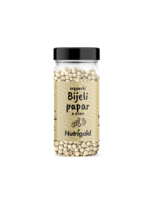 Nutrigold organic white peppercorns in a transparent glass container of 50 grams