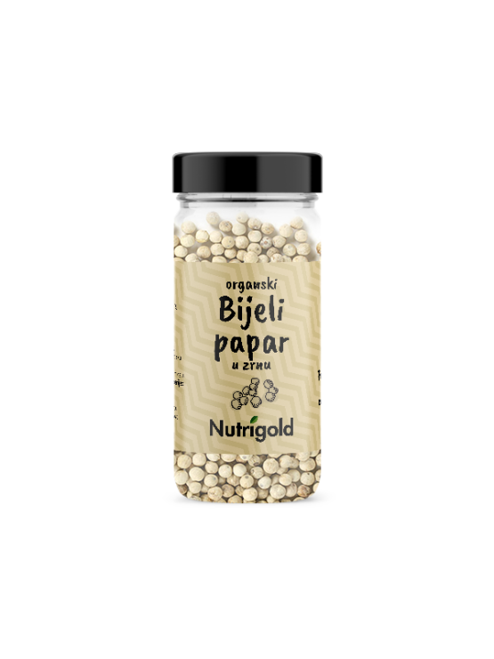 Nutrigold organic white peppercorns in a transparent glass container of 50 grams