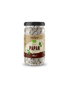Nutrigold organic white peppercorns in a transparent glass container of 50 grams