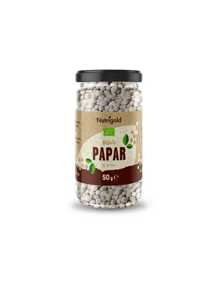 Nutrigold organic white peppercorns in a transparent glass container of 50 grams