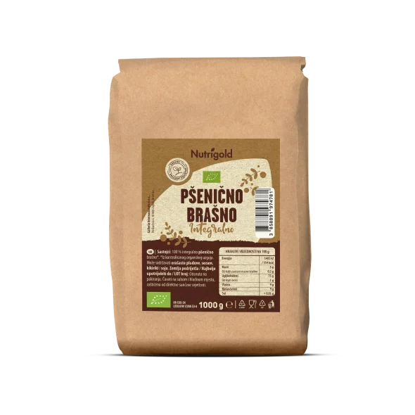 Nutrigold organic whole grain wheat flour in a packaging of 1000g