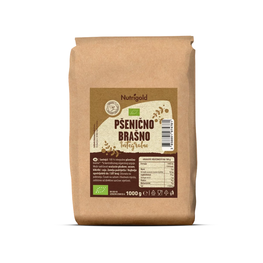 Nutrigold organic whole grain wheat flour in a packaging of 1000g
