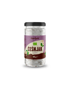 Nutrigold organic garlic powder in a glass jar of 45g