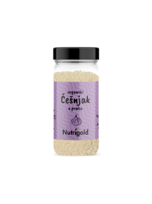 Nutrigold organic garlic powder in a glass jar of 45g