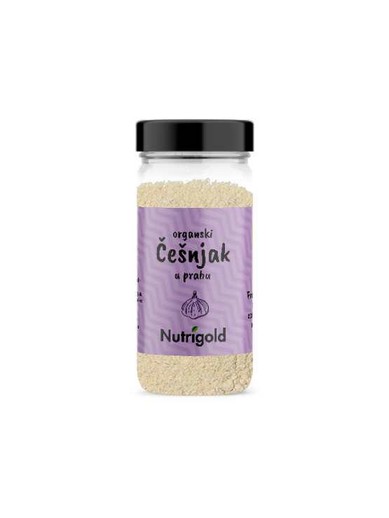 Nutrigold organic garlic powder in a glass jar of 45g