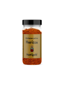 Nutrigold harissa spice blend in a glass jar containing 50g