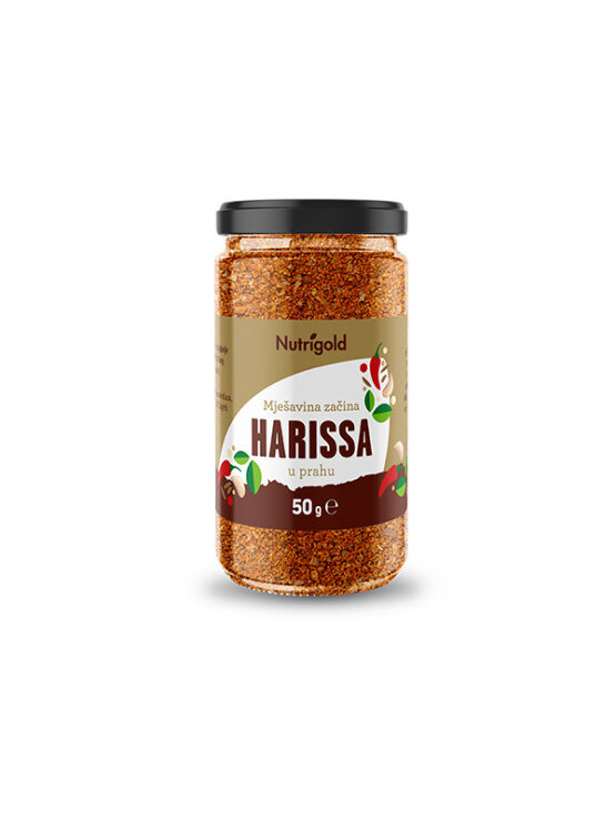 Nutrigold harissa spice blend in a glass jar containing 50g