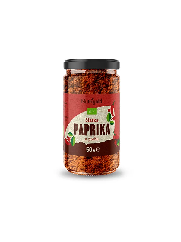 Nutrigold organic sweet ground paprika in a glass jar of 50g