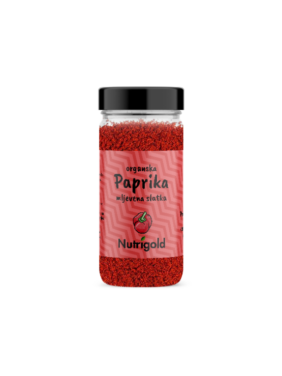 Nutrigold organic sweet ground paprika in a glass jar of 50g