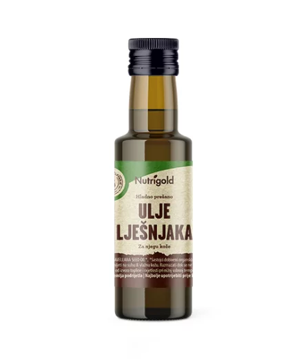 Nutrigold hladno prešano ulje lješnjaka iz organskog uzgoja u staklenoj boci od 100 ml.