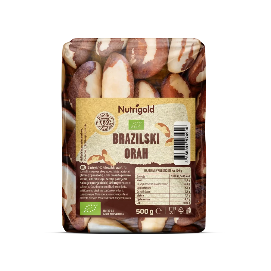 Nutrigold organic Brazil nuts in transparent packaging of 500 grams