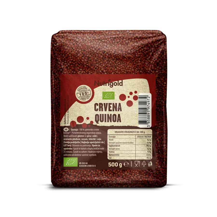 Nutrigold organic red quinoa in a transparent packaging of 500g