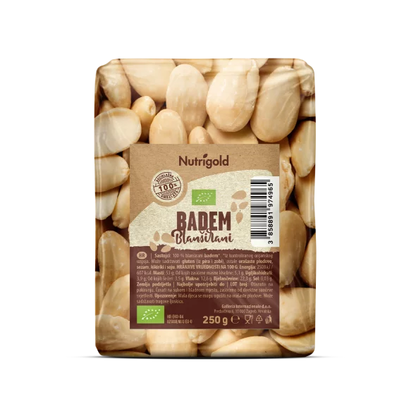 Nutrigold organic blanched toasted almonds in a transparent bag of 250 grams