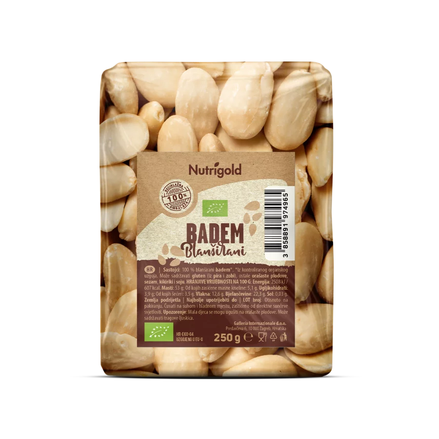 Nutrigold organic blanched toasted almonds in a transparent bag of 250 grams