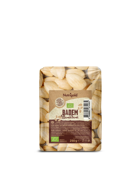 Nutrigold organic blanched toasted almonds in a transparent bag of 250 grams